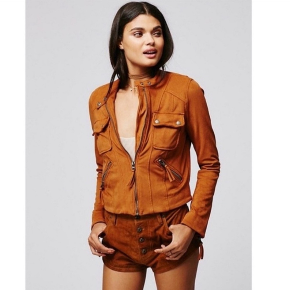 NWOT Free People ‘Mia’ Faux Suede Full Zip Biker Moto Jacket Size Large